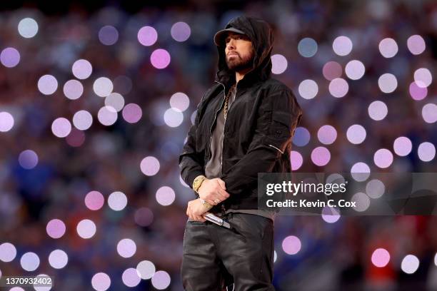 Eminem performs during the Pepsi Super Bowl LVI Halftime Show at SoFi Stadium on February 13, 2022 in Inglewood, California.