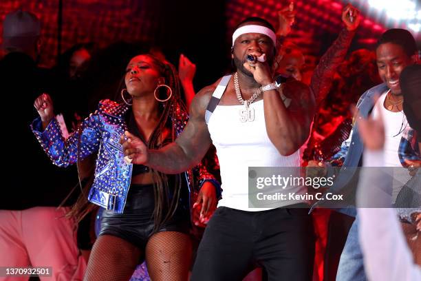 Cent performs during the Pepsi Super Bowl LVI Halftime Show at SoFi Stadium on February 13, 2022 in Inglewood, California.