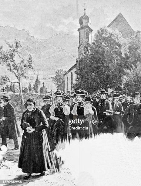 people of the black forest going to church, women wearing bollenhut - bollenhut stock illustrations