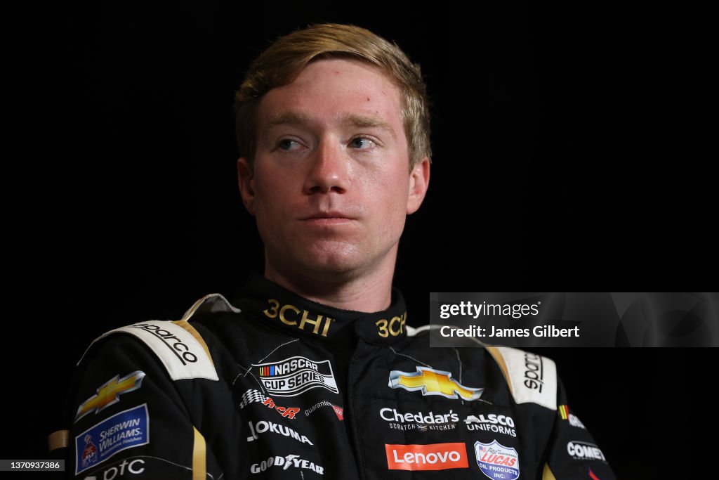 Tyler Reddick, driver of the 3CHI Chevrolet, speaks to the media ...