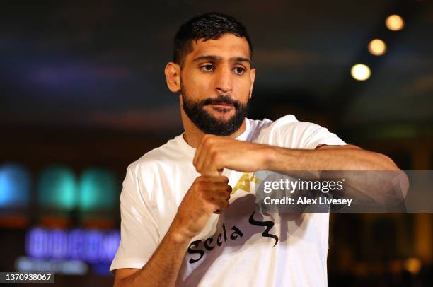 Amir Khan trains during a BOXXER Media work out ahead of his fight against Kell Brook at The Trafford Centre on February 16, 2022 in Manchester,...