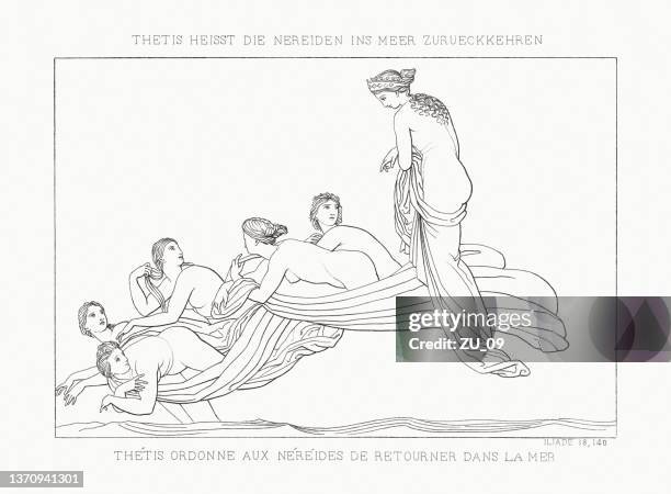 thetis ordering the nereids to descend into the sea (iliad) - ancient greek poem stock illustrations