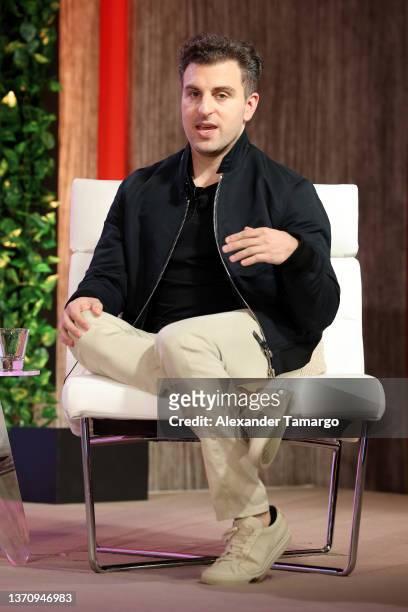 Of Airbnb, Brian Chesky speaks on stage during Pivot MIA at 1 Hotel South Beach on February 16, 2022 in Miami, Florida.
