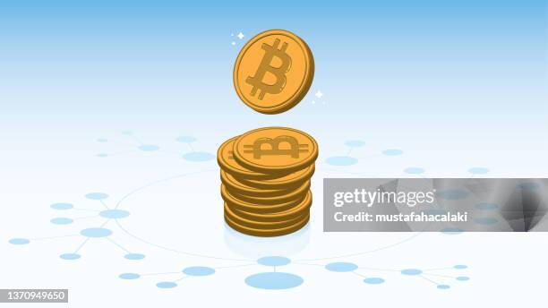 abstract network around stacked bitcoin crypto currencies - hardware token stock illustrations