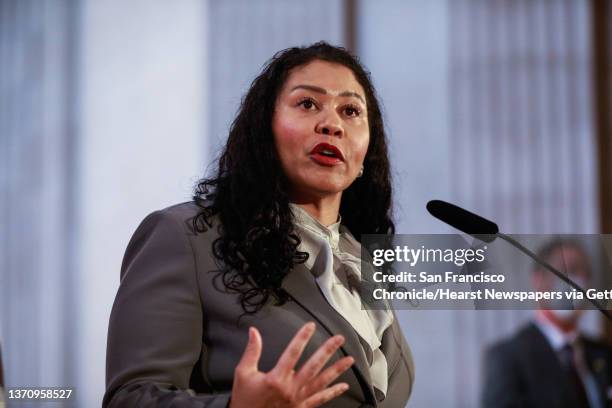 San Francisco Mayor London Breed speaks at a press conference regarding the next steps she will be taking to replace three school board members who...