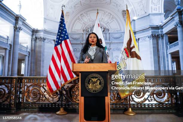 San Francisco Mayor London Breed speaks at a press conference regarding the next steps she will be taking to replace three school board members who...