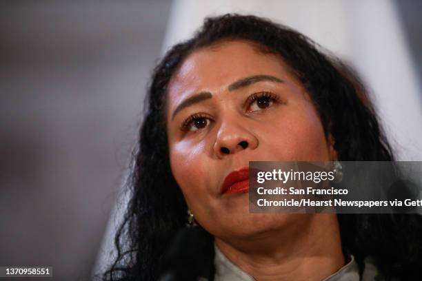 San Francisco Mayor London Breed listens at a press conference regarding the next steps she will be taking to replace three school board members who...