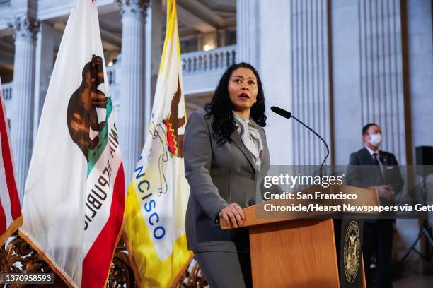 San Francisco Mayor London Breed speaks at a press conference regarding the next steps she will be taking to replace three school board members who...