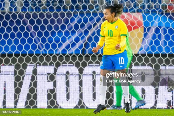 Marta Silva of Brazil celebrates after scoring her sides first goal during the International FriendlyStade Michel D'adfadfadsf match between...