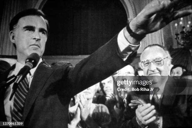 California Governor Jerry Brown and his father former CA Governor Edmund G. '"Pat" Brown during press conference, August 17, 1979 in Los Angeles,...