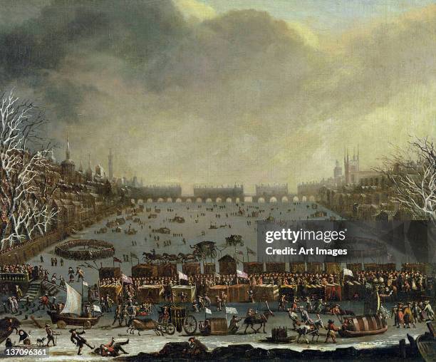 The Frost Fair of the winter of 1683-4 on the Thames, with Old London Bridge in the Distance. C.1685