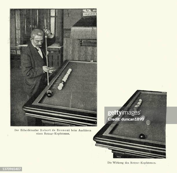 stockillustraties, clipart, cartoons en iconen met victorian billiards player playing a trick shot,  19th century - pool cue sport