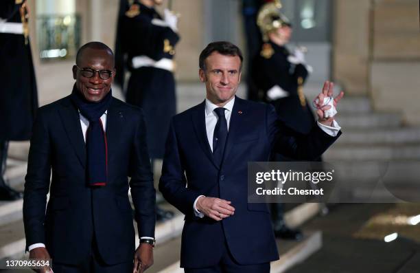 French President Emmanuel Macron welcomes Benin's president Patrice Talon prior to a working dinner on Sahel with leaders from the region at the...