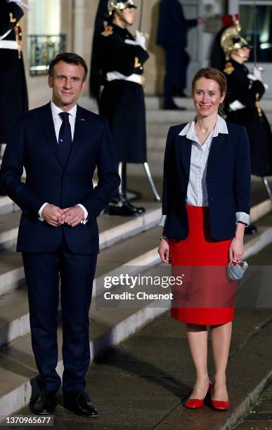 French President Emmanuel Macron welcomes Estonian Prime minister Kaja Kallas prior to a working dinner on Sahel with leaders from the region at the...