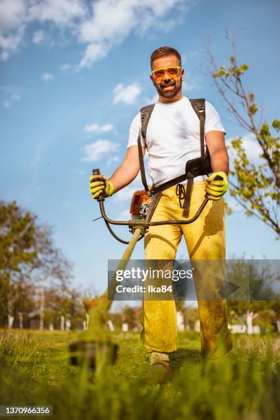 a young man mowing a grass - cutting grass stock pictures, royalty-free photos & images