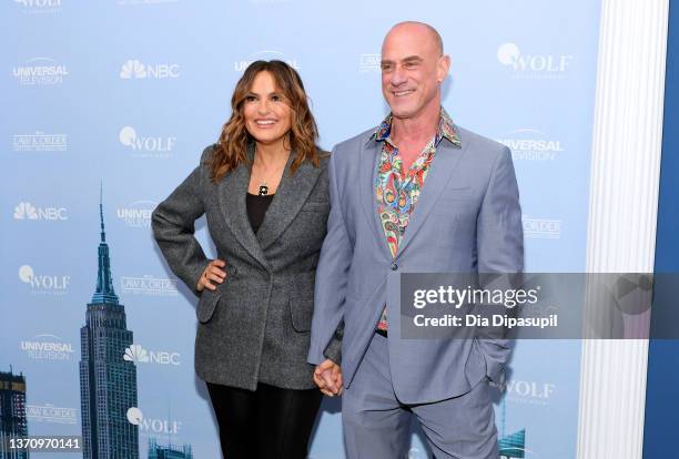 Mariska Hargitay and Christopher Meloni attend NBC's "Law & Order" Press Junket at Studio 525 on February 16, 2022 in New York City.