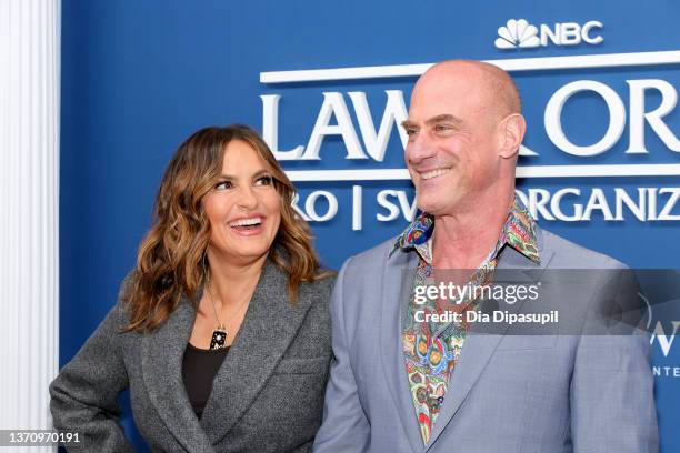 Mariska Hargitay and Christopher Meloni attend NBC's "Law & Order" Press Junket at Studio 525 on February 16, 2022 in New York City.