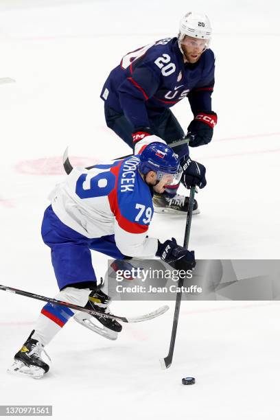 Libor Hudacek of Slovakia, Steven Kampfer of USA during the Men"u2019s Ice Hockey Quarterfinal match between Team United States and Team Slovakia on...