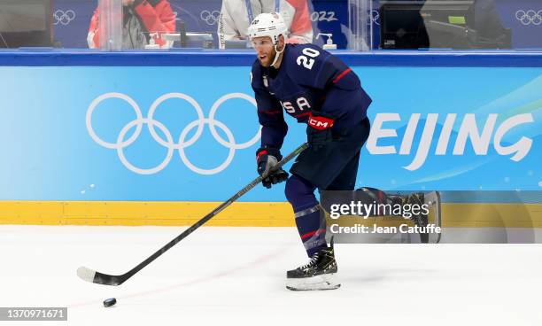 Steven Kampfer of USA during the Men"u2019s Ice Hockey Quarterfinal match between Team United States and Team Slovakia on Day 12 of the Beijing 2022...