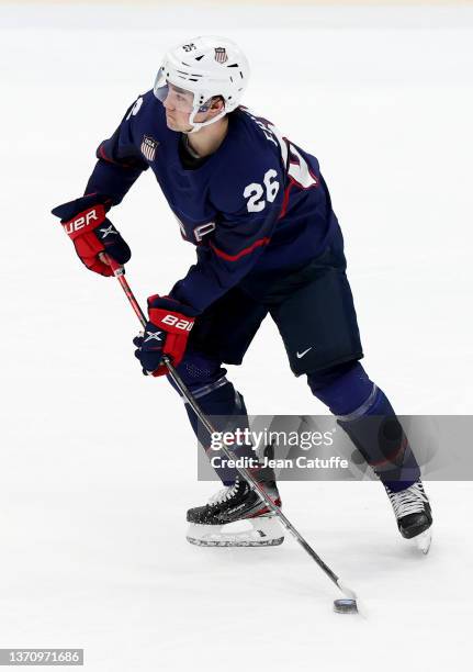 Sean Farrell of USA during the Men"u2019s Ice Hockey Quarterfinal match between Team United States and Team Slovakia on Day 12 of the Beijing 2022...