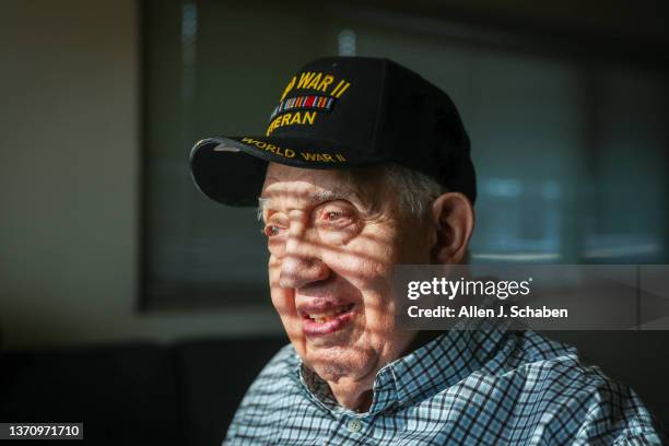 War veteran Bernard Benedict James is photographed for Los Angeles Times on February 3, 2022 at home in La Mirada, California. PUBLISHED IMAGE. James...