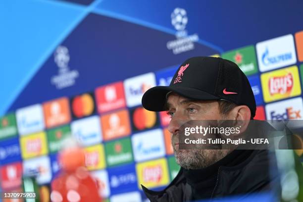 Jurgen Klopp, Manager of Liverpool talks in a press conference following the UEFA Champions League Round Of Sixteen Leg One match between Inter and...