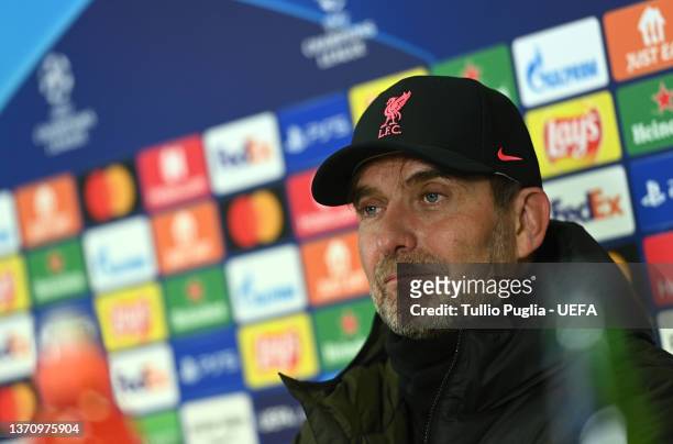 Jurgen Klopp, Manager of Liverpool talks in a press conference following the UEFA Champions League Round Of Sixteen Leg One match between Inter and...