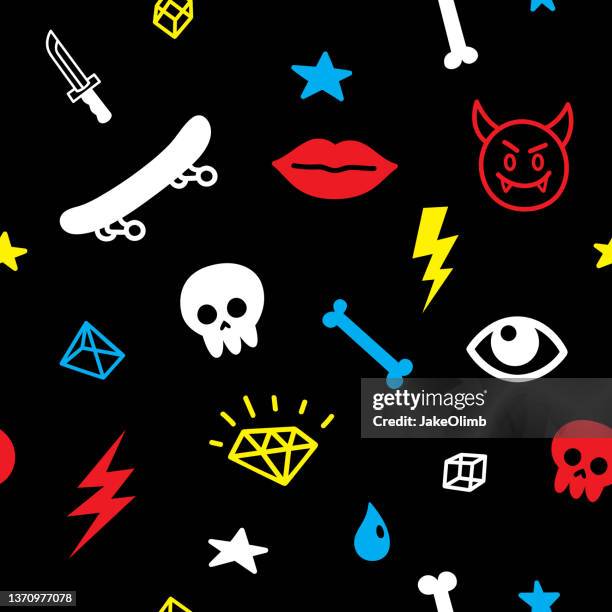 ilustraciones, imágenes clip art, dibujos animados e iconos de stock de patrón de garabatos de rock n roll - goth