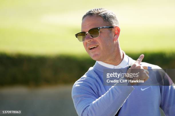 Coach Sean Foley looks on during the pro-am prior to The Genesis Invitational at Riviera Country Club on February 16, 2022 in Pacific Palisades,...