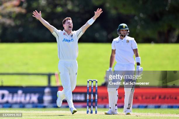 Matt Henry of New Zealand unsuccessfully appeals for the wicket of Aiden Markram of South Africa during day one of the First Test Match in the series...