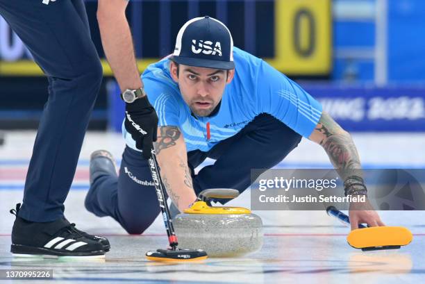 Christopher Plys of Team United States competes against Team Denmark during the Men’s Curling Round Robin Session on Day 13 of the Beijing 2022...