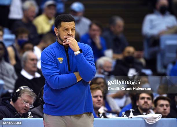 Head coach Jeff Capel of the Pittsburgh Panthers watches his team play against the North Carolina Tar Heels during the first half of their game at...