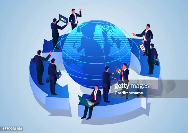 global business and trade, business team standing on arrows around the globe communicating work analysis - to assemble world stock illustrations