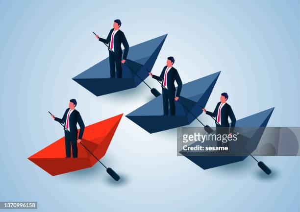the concept of a leader, a leader standing on a floating red paper boat and a row of followers behind - lead stock illustrations