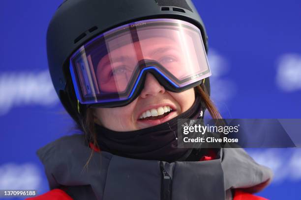 Amy Fraser of Team Canada reacts after their first run during the Women's Freestyle Skiing Freeski Halfpipe Qualification on Day 13 of the Beijing...