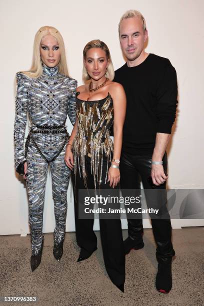 Phillipe Blond, Model Roz, and David Blond pose backstage for The Blonds fashion show during New York Fashion Week: The Shows on February 16, 2022 in...
