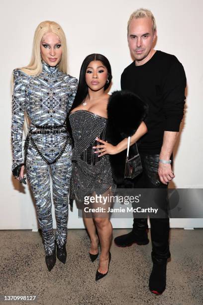 Designer Phillipe Blond, Hennessy Carolina, and Creative Director David Blond pose backstage at The Blonds fashion show during New York Fashion Week:...