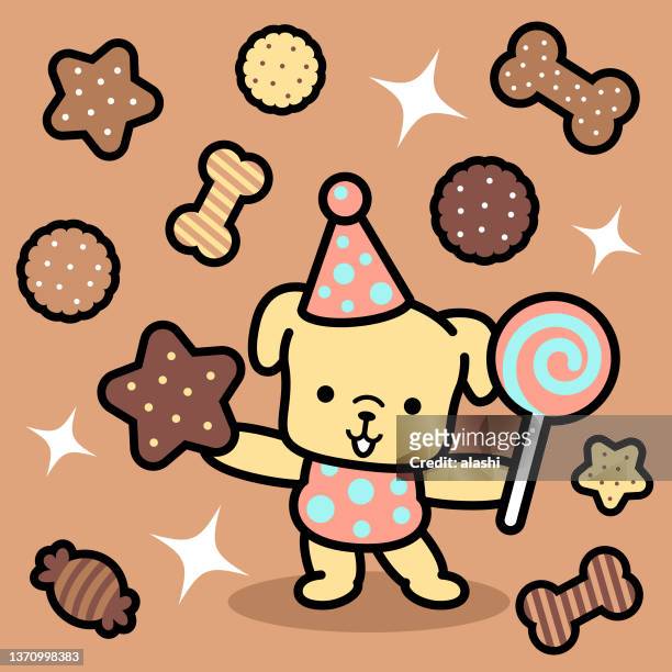 a cute dog wearing a party hat standing and holding a lollipop and lots of biscuits - kawaii food stock illustrations