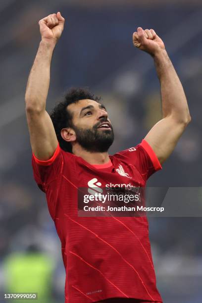 Mohamed Salah of Liverpool FC celebrates after scoring to give the side a 2-0 lead during the UEFA Champions League Round Of Sixteen Leg One match...