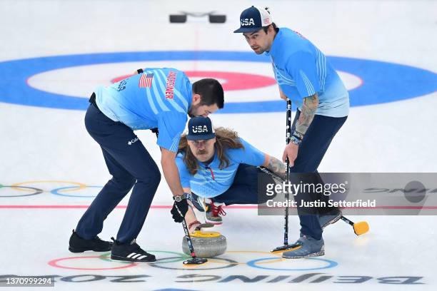 John Landsteiner, Matt Hamilton and Christopher Plys of Team United States compete against Team Denmark during the Men’s Curling Round Robin Session...