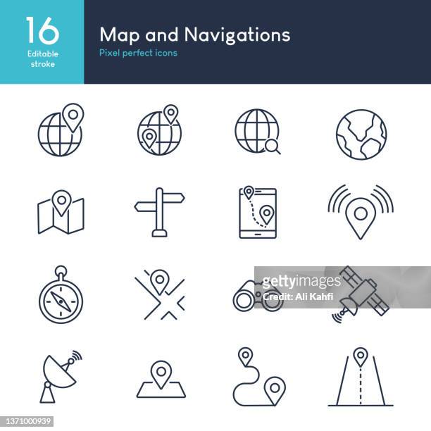 map and navigations - set of thin line icon vector - binoculars stock illustrations
