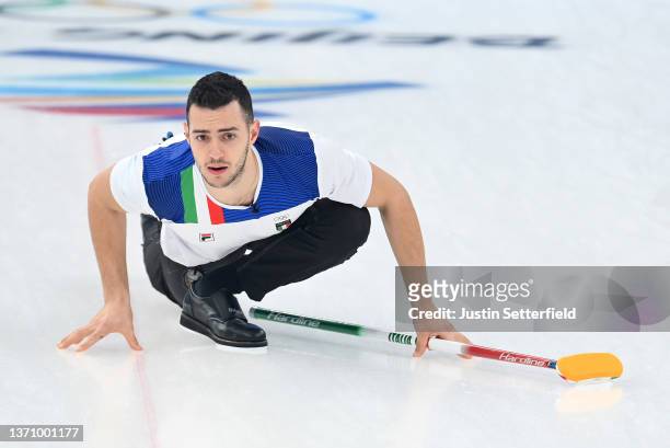 Sebastiano Arman of Team Italy competes against Team Norway during the Men’s Curling Round Robin Session on Day 13 of the Beijing 2022 Winter Olympic...