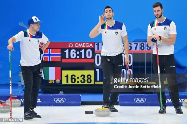 Mattia Giovanella, Sebastiano Arman and Amos Mosaner of Team Italy compete against Team Norway during the Men’s Curling Round Robin Session on Day 13...