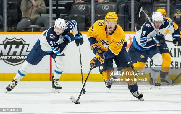 Matt Duchene of the Nashville Predators skates against the Winnipeg Jets during an NHL game at Bridgestone Arena on February 12, 2022 in Nashville,...