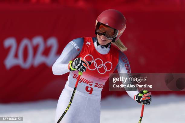 Mikaela Shiffrin of Team United States reacts following her run during the Women's Alpine Combined Downhill on day 13 of the Beijing 2022 Winter...
