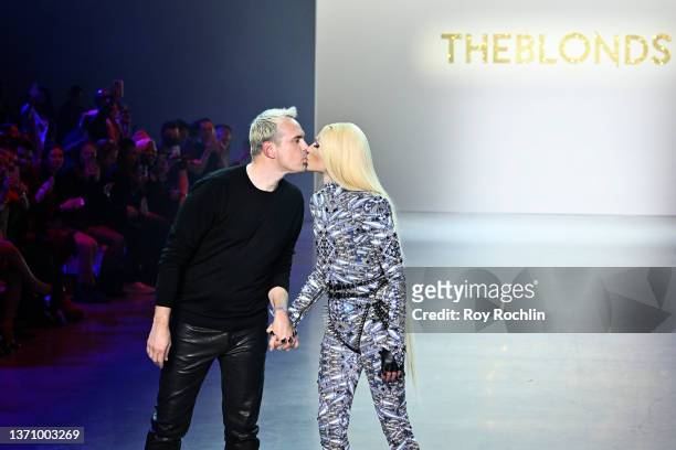 David Blond and Phillipe Blond make an appearance on the runway for The Blonds during New York Fashion Week: The Shows on February 16, 2022 in New...