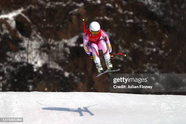 Cande Moreno of Team Andorra skis during the Women's Alpine Combined Downhill on day 13 of the Beijing 2022 Winter Olympic Games at National Alpine...