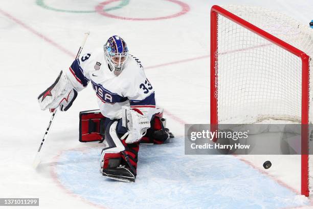 Goaltender Alex Cavallini of Team United States watches the puck bounce off the left post and into the net for a goal by Sarah Nurse of Team Canada...