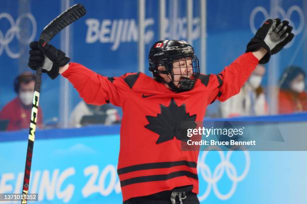 Erin Ambrose of Team Canada reacts after a goal by teammates Sarah Nurse during the Women's Ice Hockey Gold Medal match between Team Canada and Team...