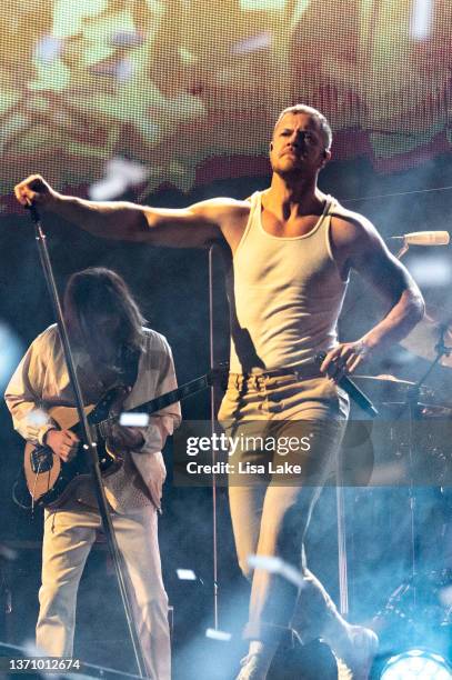 Wayne Sermon and Dan Reynolds of Imagine Dragons perform live at PPL Center on February 16, 2022 in Allentown, Pennsylvania.